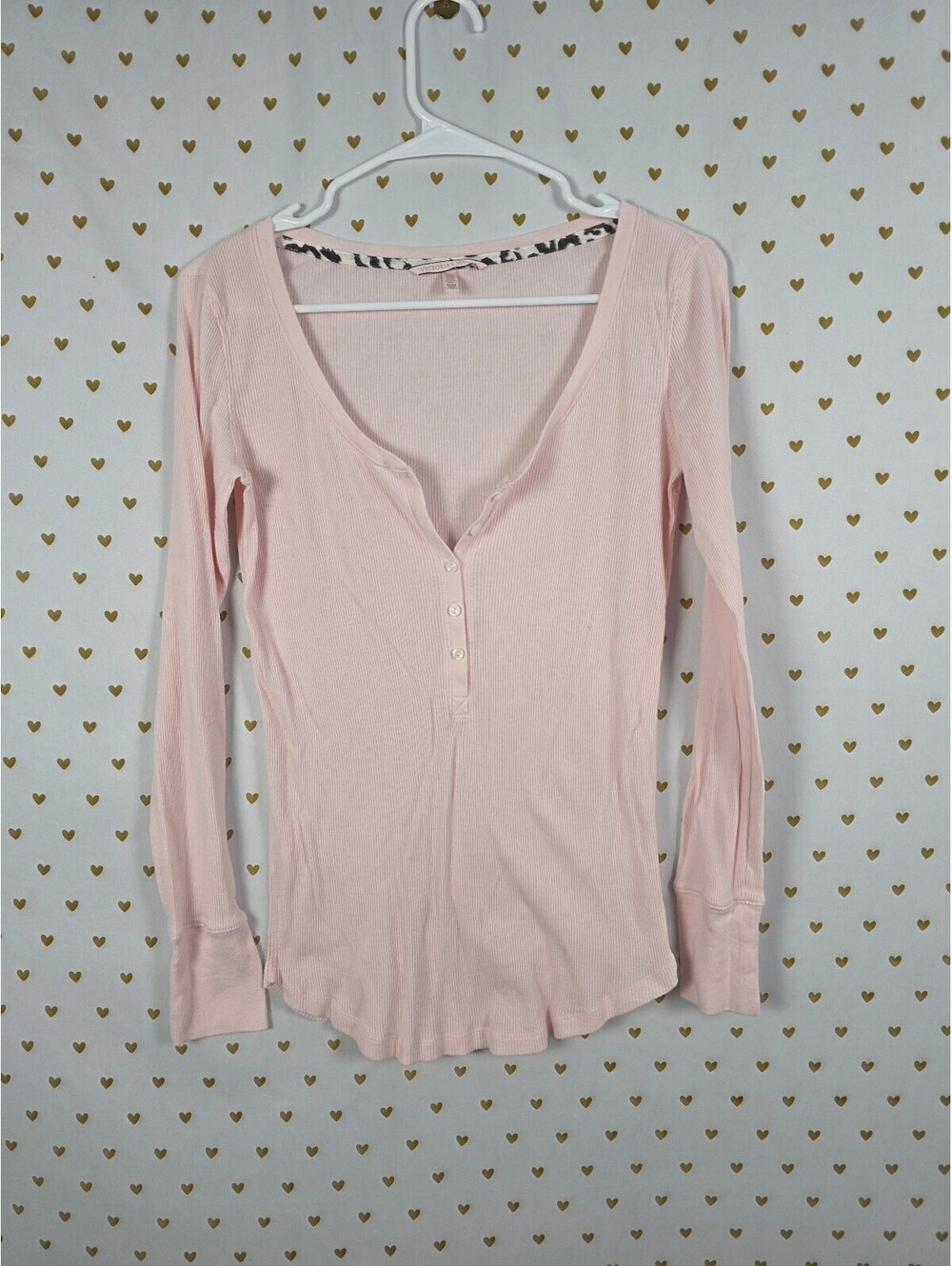 Victorias Secret PINK RIbbed Long sleeve Henley Tee shirt Button Front Medium